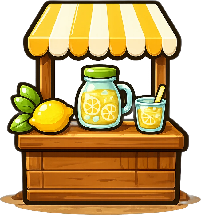 Illustrated lemonade stand with a striped awning, the classic first kid business