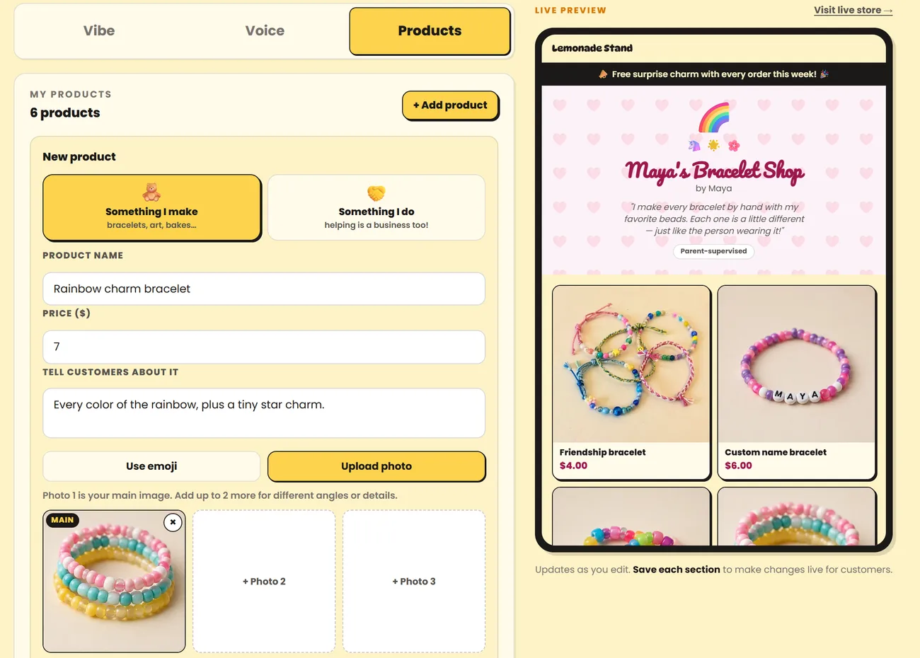 The store editor on a tablet: a kid adding a bracelet with a name, price and photo, next to a live preview of their store