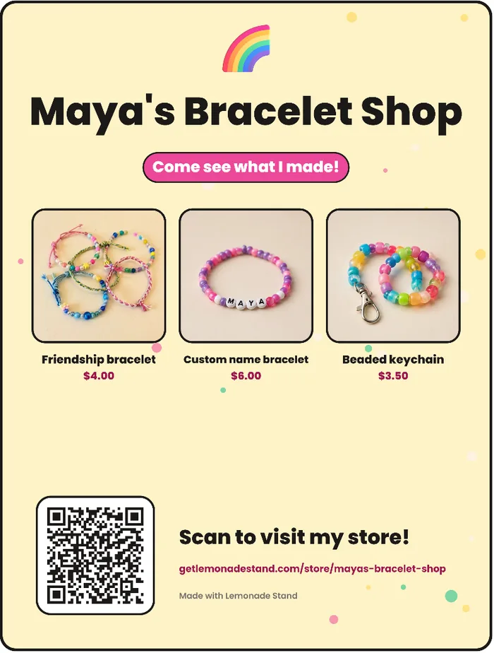A printable flyer for a kid's store with three products, prices and a QR code