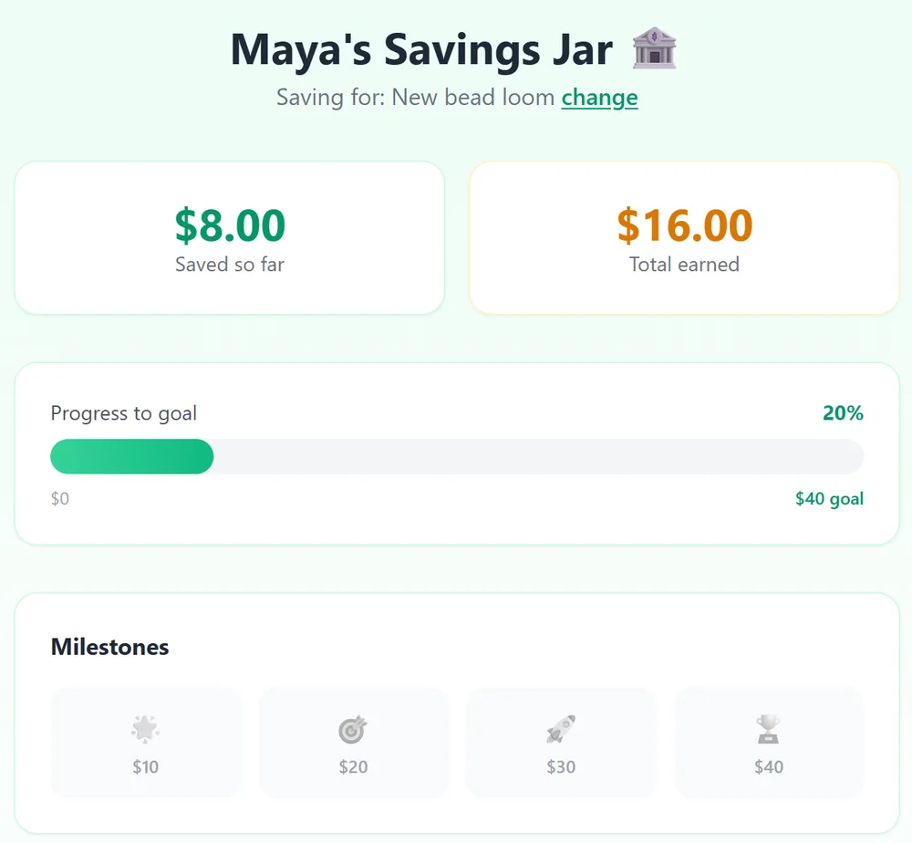 A kid's savings jar: 8 dollars saved of 16 earned, 20 percent of the way to a 40 dollar goal