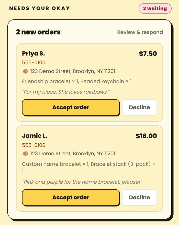 The parent dashboard on a phone: two new orders waiting, each with Accept order and Decline buttons